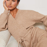 LONGLINE BELTED CARDIGAN - OATMEAL