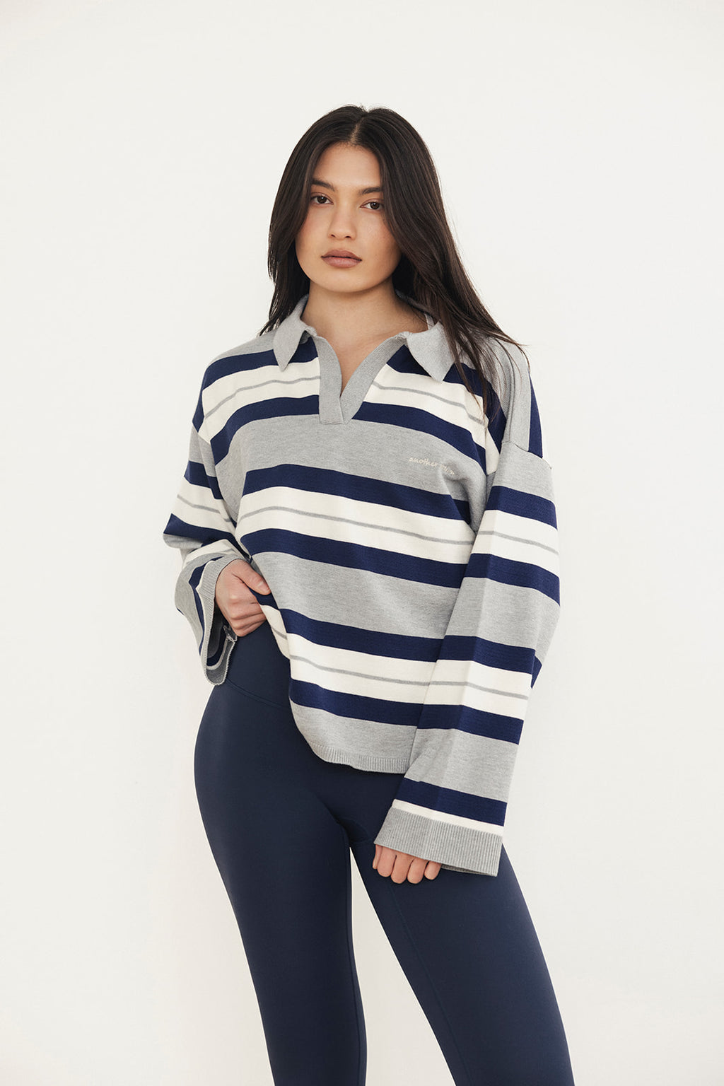 Stripe Knit Rugby Shirt - Grey/Navy