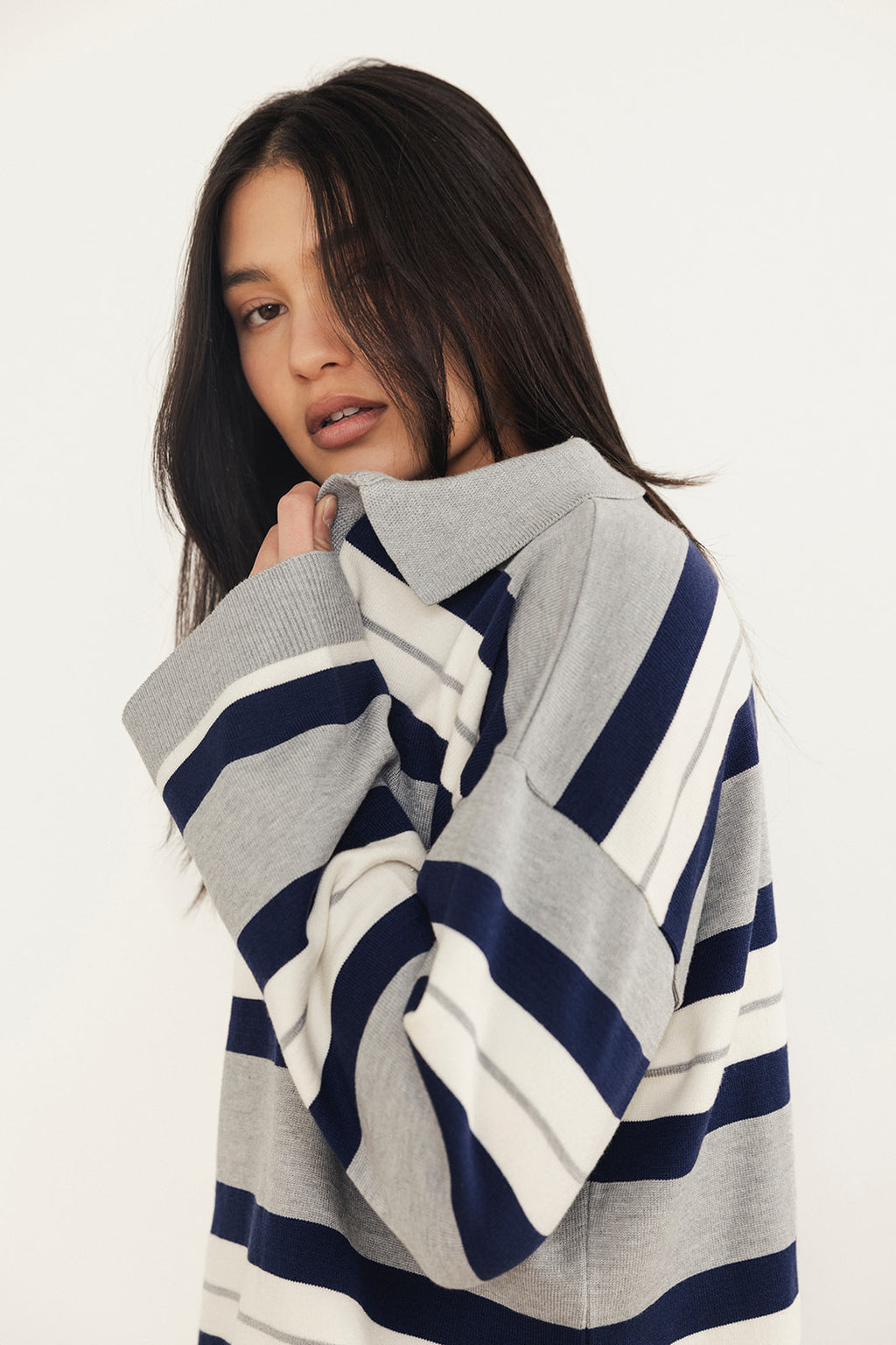 Stripe Knit Rugby Shirt - Grey/Navy